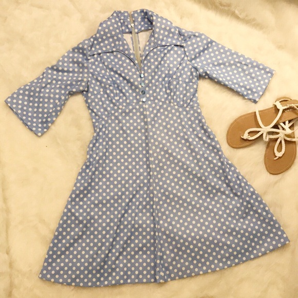 Dresses & Skirts - Vintage Summer Blue & White Polka Dot Dress